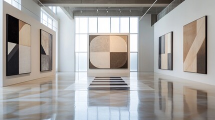 Wall Mural - A series of abstract canvases with geometric patterns in muted colors, displayed in a sleek, modern gallery with high ceilings and natural light