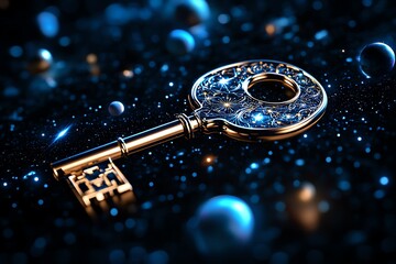 Wall Mural - An ancient key floating in space, its intricate design formed by celestial patterns, with stars and planets orbiting around it