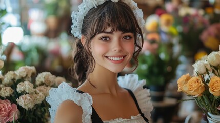 Cheerful Young Woman in Frilly Dress Among Flowers