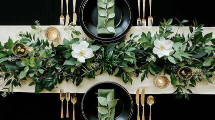 Wall Mural -   A table is adorned with black and white plates and white place settings, featuring vases of flowers and lush greenery on the placemats