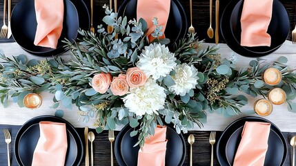  A formal dinner table with black plates, pink napkins, a floral arrangement, and green accents