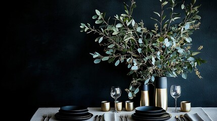 Wall Mural -   Table topped with vase, greenery, glasses, and plates