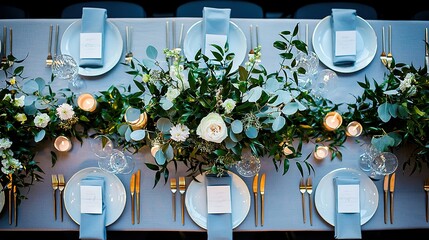  Formal dinner table with white plates, silverware, flowers, and greenery