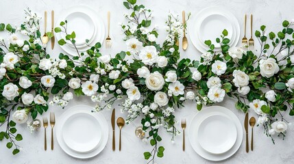 Wall Mural -   A table topped with white plates covered in white flowers and greenery next to gold forks and knives and place settings