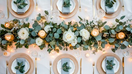 Wall Mural -   A table topped with plates covered in flowers and greenery next to candles and plates with silverware on them