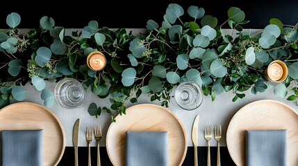   A place setting with green backdrop featuring place settings