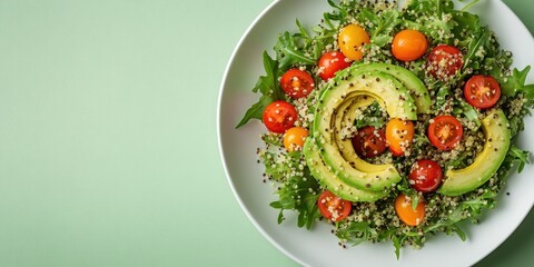 A vibrant salad featuring fresh greens, avocado slices, and cherry tomatoes, served in a sleek white bowl against a pastel background, background with copy space