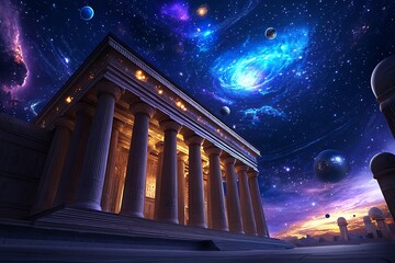 Wall Mural - An ancient temple floating in space, with its pillars made of stars and planets, and the ceiling depicting the evolution of the universe