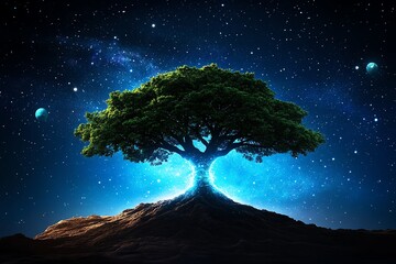 Wall Mural - An ancient tree in the center of the universe, its roots made of time itself, stretching out to touch distant stars and planets