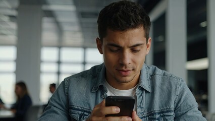 Young man drinking coffee using phone in modern