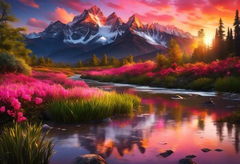 Wall Mural - vibrant landscapes displaying untouched natural habitats lush glowing flowing serene mountains, nature, greenery, sunset, river, forest, valley, sky