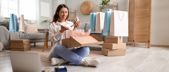 Wall Mural - Young woman with new heels at home