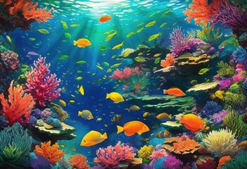 vibrant aquatic life flourishing within coral reef ecosystem colorful marine plants, underwater, fishes, biodiversity, sea, ocean, habitat, seaweed