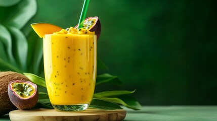 Wall Mural - Smoothie with mango, banana, passion fruit, and coconut. A mocktail of tropical yellow in a tumbler with a green glass straw. wood-framed stand. foliage and a green backdrop. Summertime thick drink.