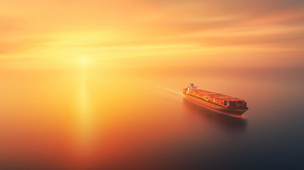 A large cargo ship is sailing on the ocean at sunset