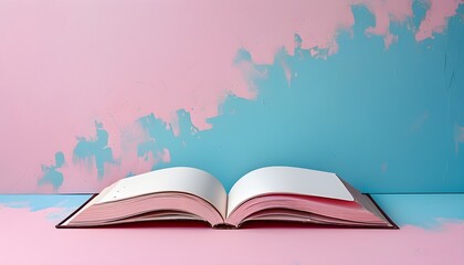 Canvas Print - Pastel Book Open on Pink and Blue Background Offering a Colorful Canvas for Creativity and Inspiration