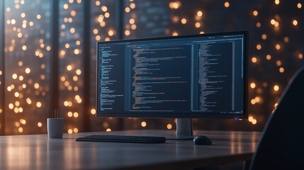 A computer monitor is lit up with a lot of code on the screen