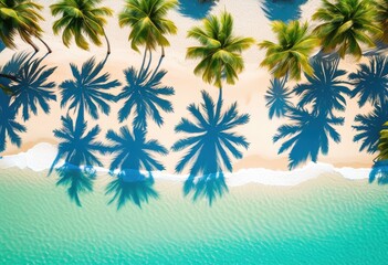 colorful cocktail umbrellas arranged tropical beach clear bright sand green palm trees under sunny sky, water, vibrant, decor, summer, exotic, party