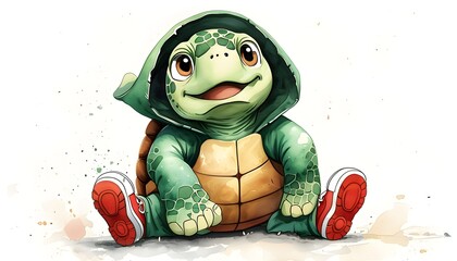 Cheerful green turtle in hoodie and red sneakers exploring the grass, beautifully illustrated in watercolor style on a crisp white background