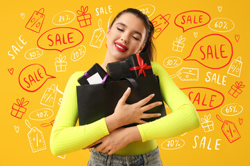 Sticker - Beautiful woman with shopping bag and gift boxes on yellow background. Black Friday sale