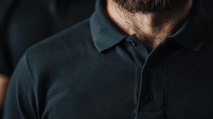 A close-up shot of a man wearing a dark polo shirt, focusing on the collar and chest area, evoking simplicity and professionalism in casual wear.