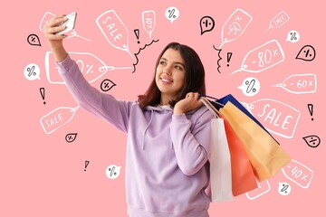 Poster - Young woman with shopping bags taking selfie on pink background. Black Friday sale