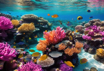 vibrant coral reefs displaying diverse underwater marine life enchanting colorful ecosystem, fish, ocean, biodiversity, anemone, seaweed, algae, mollusk