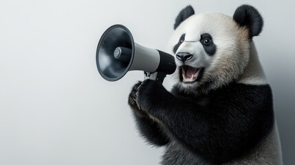 A playful panda holding a megaphone, symbolizing communication and fun in a creative, whimsical setting, background with copy space