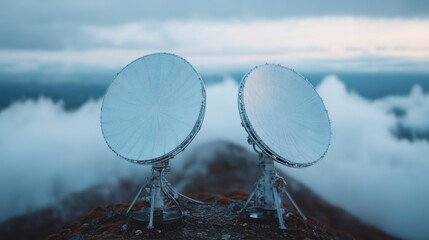 An image showcasing two large satellite dishes amidst a cloudy sky on a hilltop, highlighting technology, communication, and the vast expanse of modern advancements.