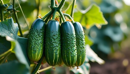 Close-up of lush green cucumbers entwined in vines thriving in a vibrant vegetable garden