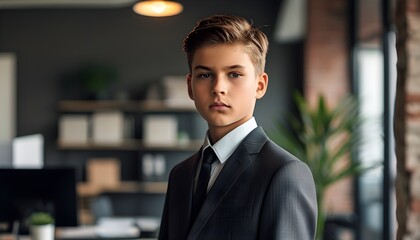 Ambitious young boys in business attire showcasing leadership and confidence in a professional office setting