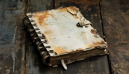 Weathered notebook with rustic cover and spiral binding, showcasing signs of age, ideal for historical projects and vintage-themed designs