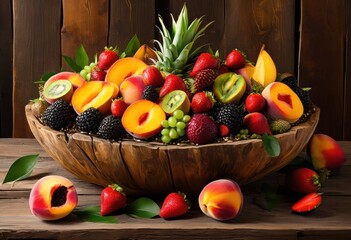 vibrant color themed summer fruit arrangement rustic wooden table showing bounty seasonal fruits bright colors rich textures, centerpiece, bowl, fresh