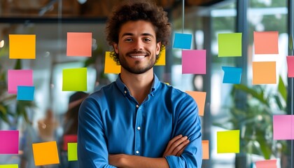 Confident young businessman in blue casual attire leading a dynamic creative meeting with colorful sticky notes and a clear mind map on a glass board