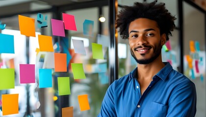 Confident young businessman in blue casual attire leading a dynamic creative meeting with colorful sticky notes and a clear mind map on a glass board