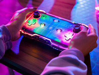 Wall Mural - gamer using dance pad to play console game, surrounded by colorful lights and entertainment.