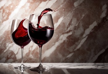 close view elegant wine glass rich red wine cascading generously into highlighting textures reflections, pour, beverage, liquid, swirl, drops, drink