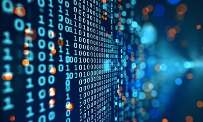 4k animation of blue binary digits flowing in a digital stream, representing coding, data transfer, 