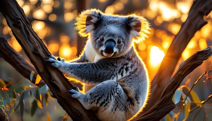 Koala basking in sunset glow among tree branches, showcasing soft fur and embodying the spirit of Australian wildlife for eco-tourism and educational experiences