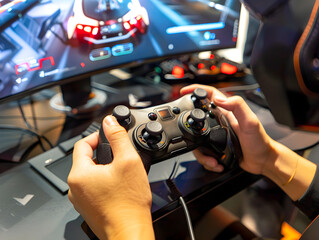 Wall Mural - a person using a flight stick to play a console game, fully focused and engaged.