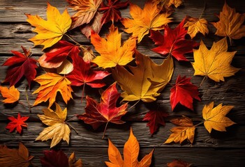 vibrant autumn leaves spread across rustic wooden surface bringing charm life rich colors textures, nature, red, orange, yellow, falling, foliage, season