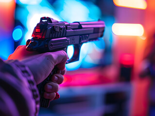 Wall Mural - a gamer using a light gun controller to shoot targets on a tv screen.