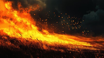 A vibrant orange and black blaze sweeps across the field