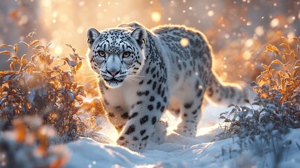 Wall Mural - snow leopard roaming through a majestic winter wonderland, surrounded by the snowy mountains and ser