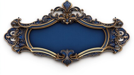 3D render of an ornate blue and gold Arabic frame with a tribal design ideal for a festive greeting card template featuring an empty banner and isolated on a white background