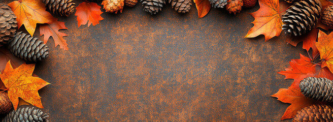 Colorful fall leaves, nuts and pine cones. Corner border over a rustic dark banner background. Overhead view with copy space.