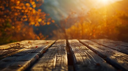 Empty wooden table with christmas theme in background, Warm Glow: A Cozy Evening at a Wooden Table