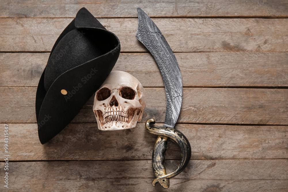 Human skull with pirate hat and sword on brown wooden background