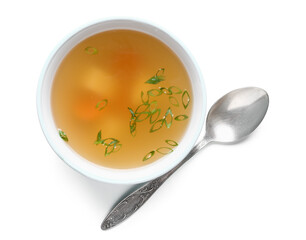 Wall Mural - Bowl of tasty vegetable broth on white background