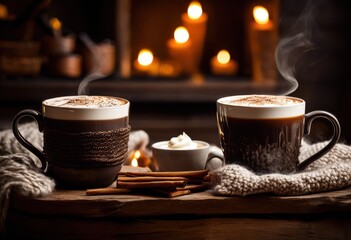 close view mugs steaming beverages showcasing textures warmth hot chocolate inviting atmosphere, cup, coffee, ceramic, swirls, drink, foam, latte, surface